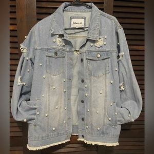 Between Us Denim Jacket blue with white faux pearls.